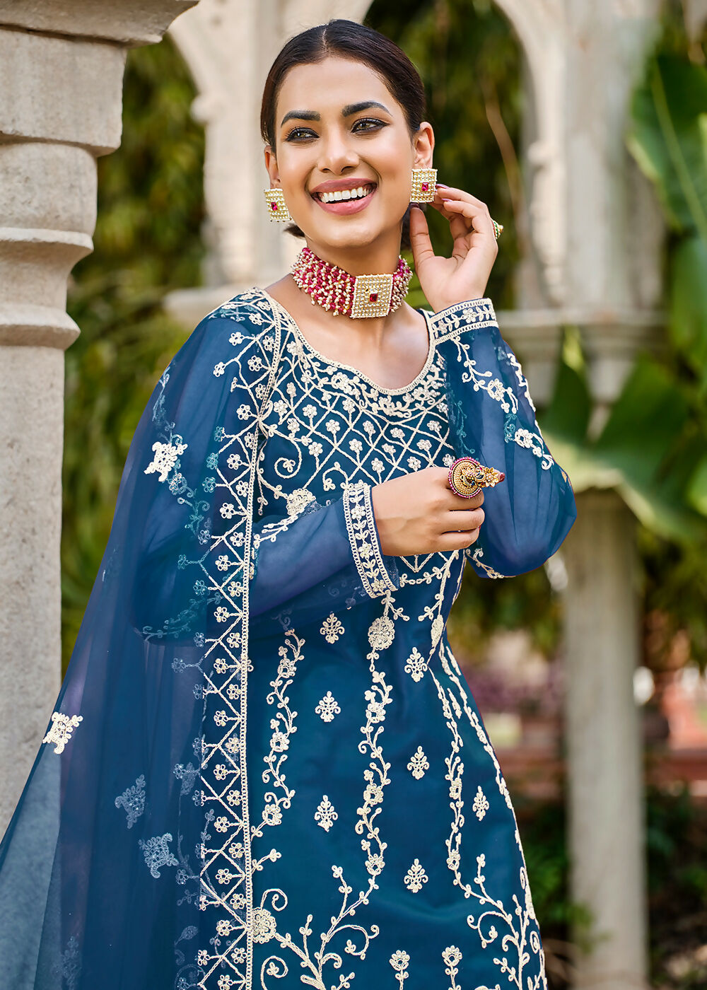 Prussian Blue Stone & Cording Work Festive Palazzo Suit - Emponline | Swadesiicart