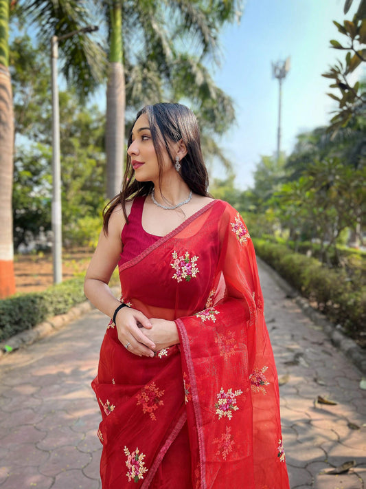 Vamsee Red-Garden Red Organza Saree - Swadesiicart