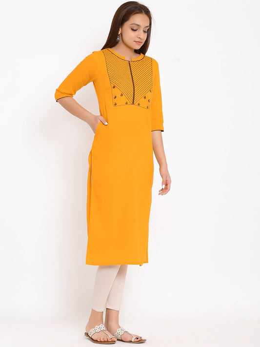 HERE&NOW Yellow Geometric Yoke Design Thread Work Kurta - Swadesiicart