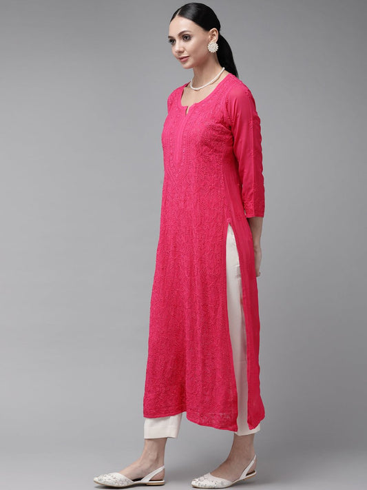 ADA Women Magenta & Magenta Ethnic Motifs Embroidered Chikankari Georgette Kurta | Swadesiicart