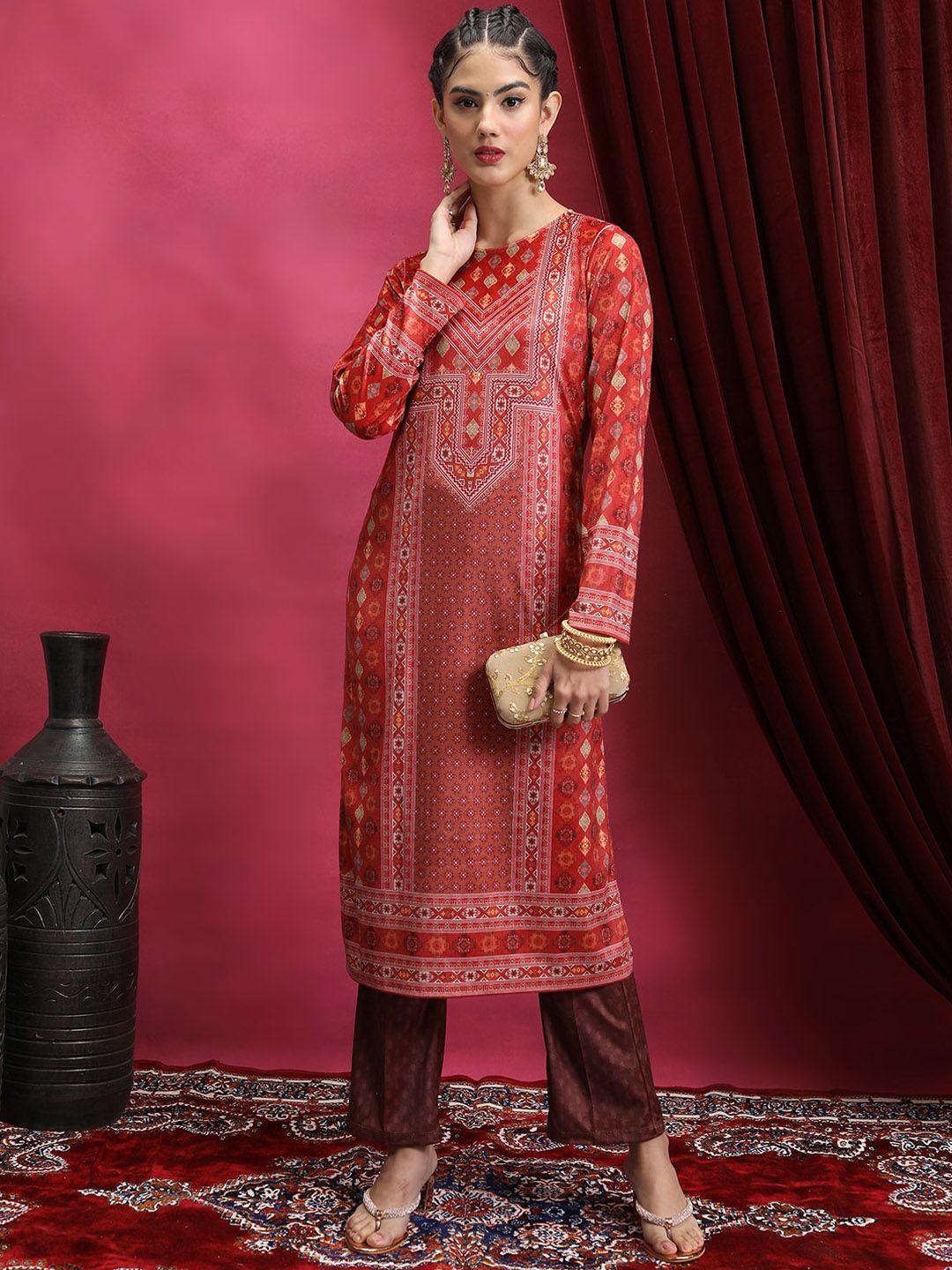 Vishudh Red Ethnic Motifs Printed Neck Straight Kurta - Swadesiicart