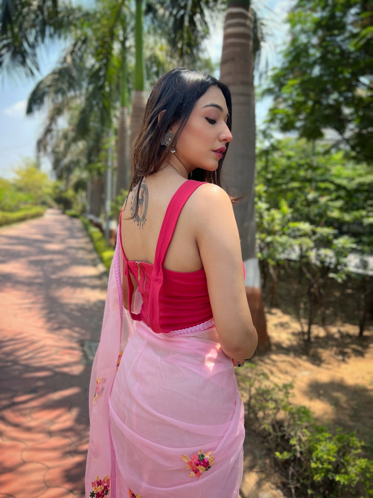 Vamsee Red-Garden Pink Organza Saree - Swadesiicart