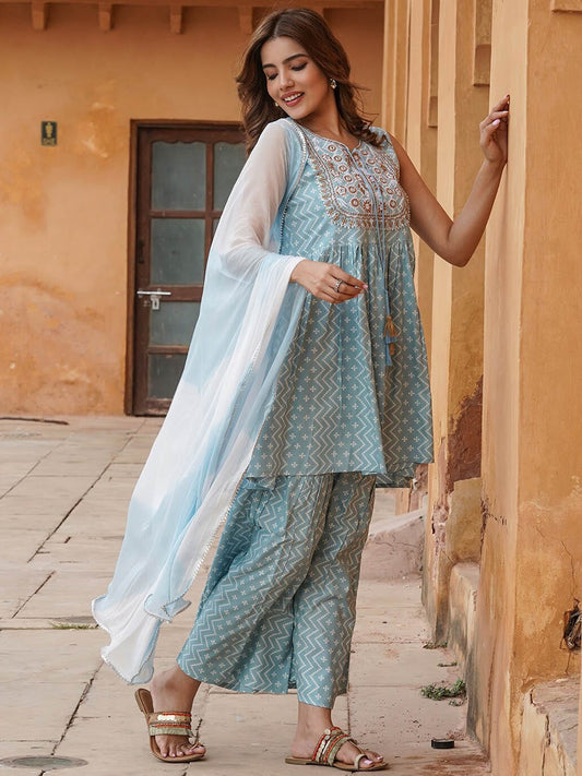 Kalini Ethnic Motifs Printed Thread Work A-Line Kurta With Sharara & Dupatta | Swadesiicart