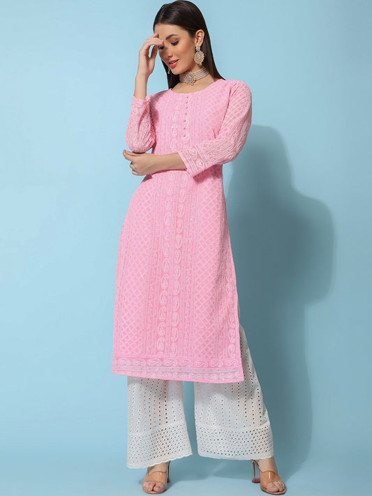 Kalini Ethnic Motifs Embroidered Chikankari Georgette Straight Kurta | Swadesiicart