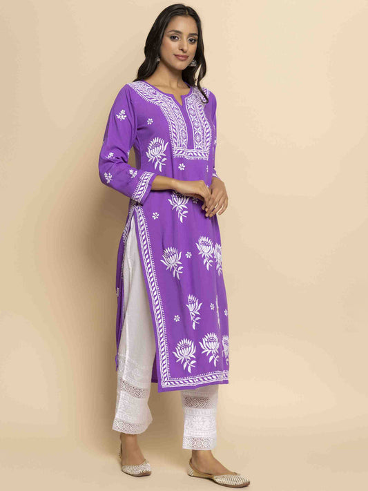 HOUSE OF KARI Ethnic Motifs Chikankari Embroidered Notched Round Neck Straight Kurta | Swadesiicart