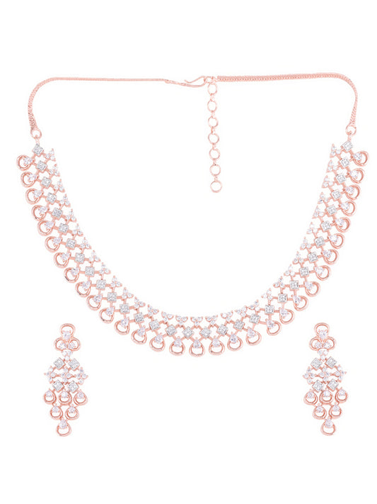 Saraf RS Jewellery Rose Gold-Polished White AD-Studded Handcrafted Jewellery Set