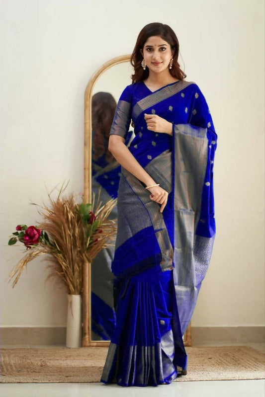 DEIANA'S Beautiful Designer Golden zari Soft Lichi Silk Saree - Royal Blue - Swadesiicart