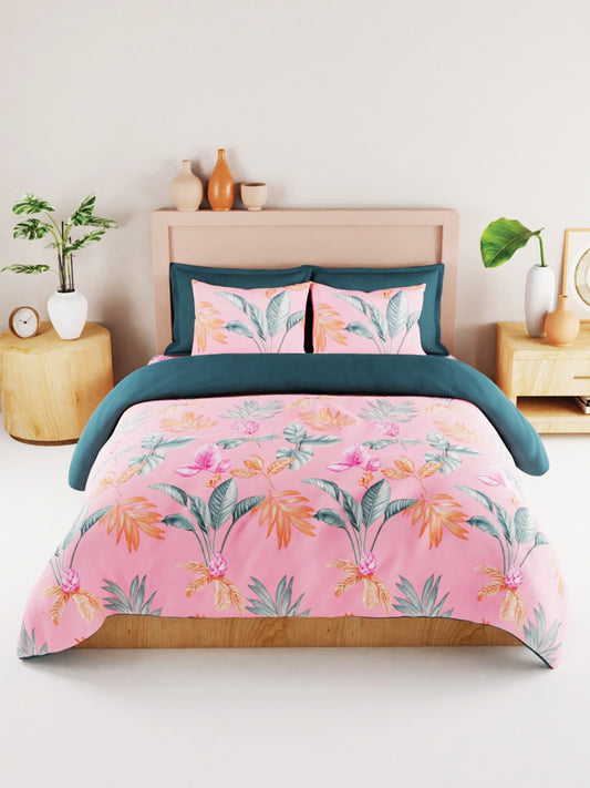 BIANCA Coral & Orange Floral 186 TC King Bedsheet with 2 Pillow Covers