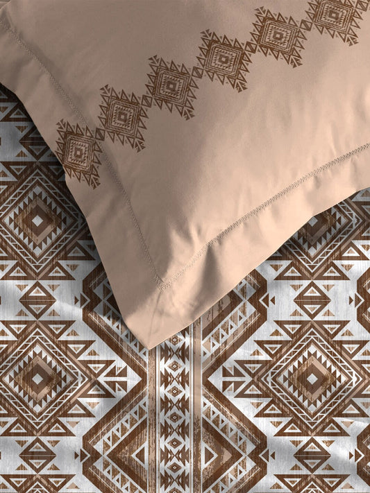 MYTRIDENT Brown Ethnic Motifs Cotton 120 TC Queen Bedsheet With 2 Pillow Covers - Swadesiicart