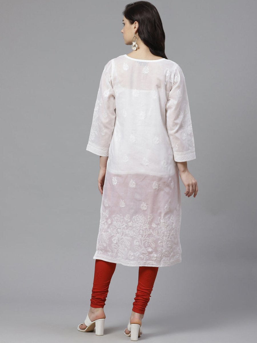 ADA Women White Chikankari Embroidered Sustainable Handloom Kurta with Churidar | Swadesiicart