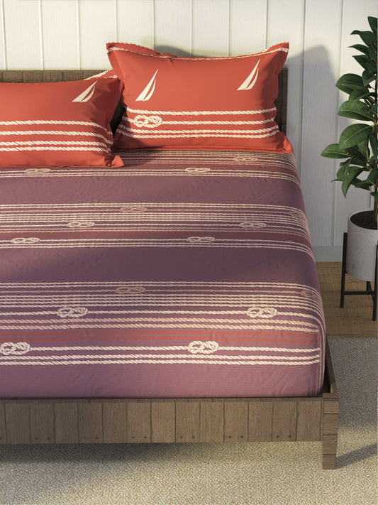 Nautica Purple & Orange Striped Cotton 160 TC King Bedsheet With 2 Pillow Covers - Swadesiicart