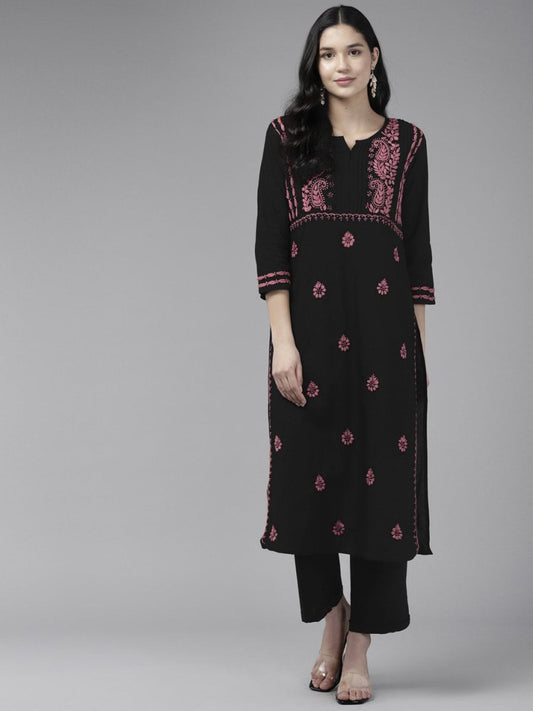 ADA Ethnic Motifs Embroidered Round Neck Chikankari Cotton Kurta | Swadesiicart