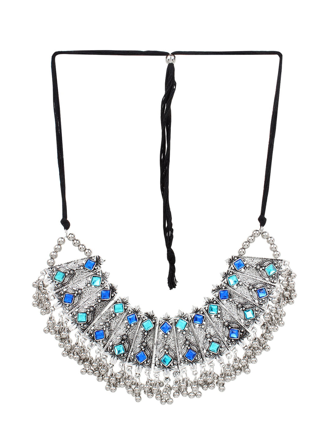 Cardinal Oxidised Silver-Toned & Blue Stones-Studded & Beaded Jewellery Set - Swadesiicart