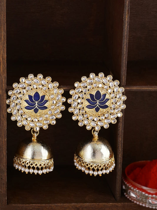 Shoshaa Gold-Polished Navy Blue Kundan-Studded Classic Jhumkas | Swadesiicart