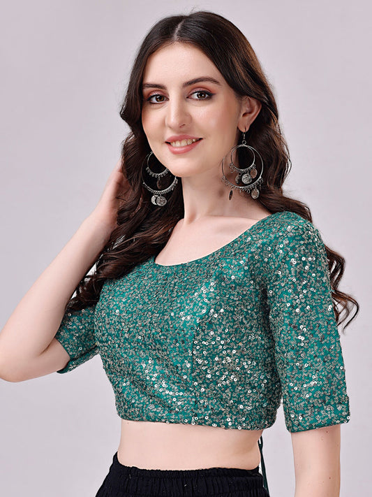 Tikhi Imli Teal Blue Embellished Sequinned Detailed Saree Blouse | Swadesiicart