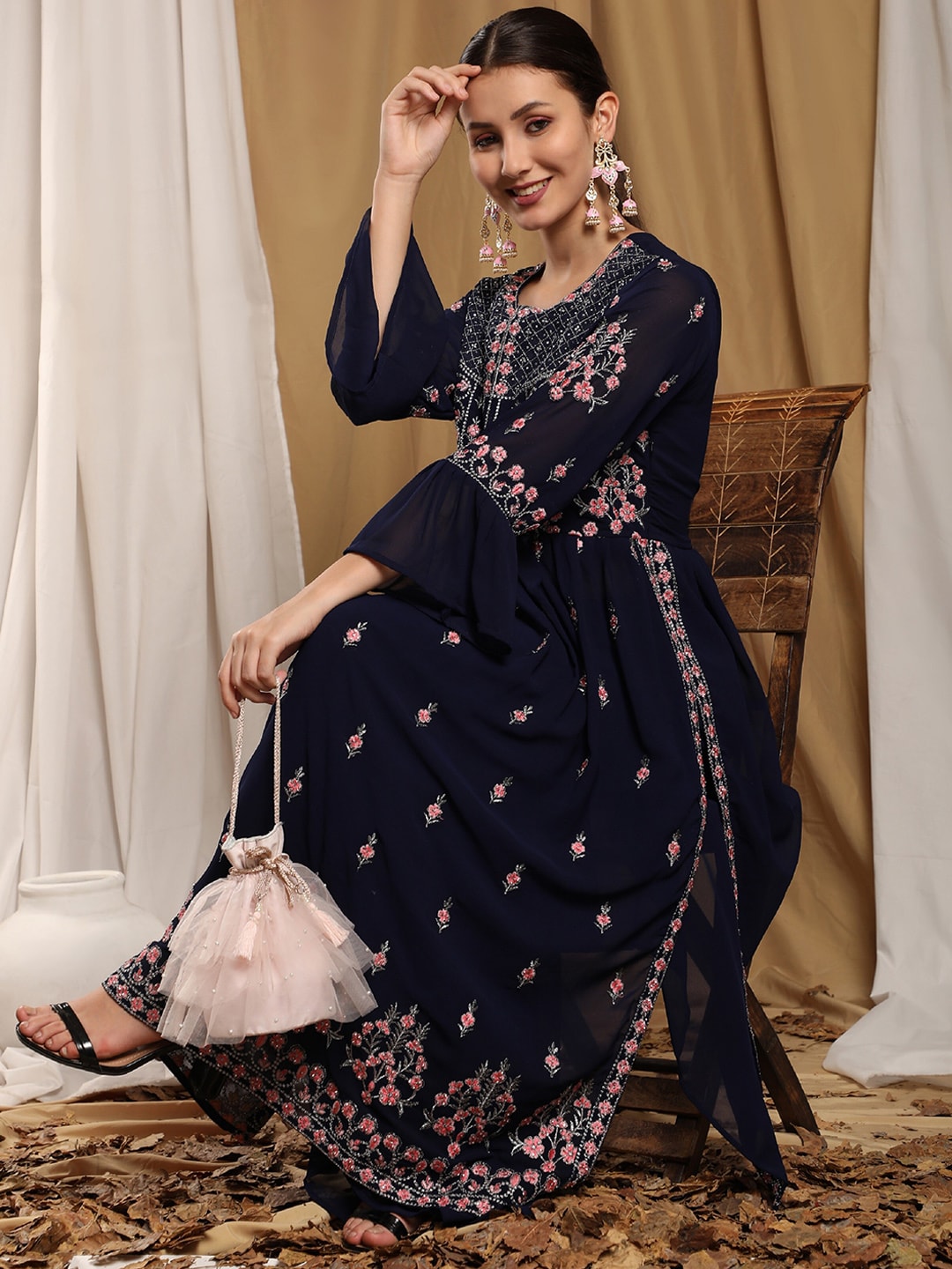 Kalini Women Navy Blue Floral Embroidered Thread Work Kurta with Sharara | Swadesiicart
