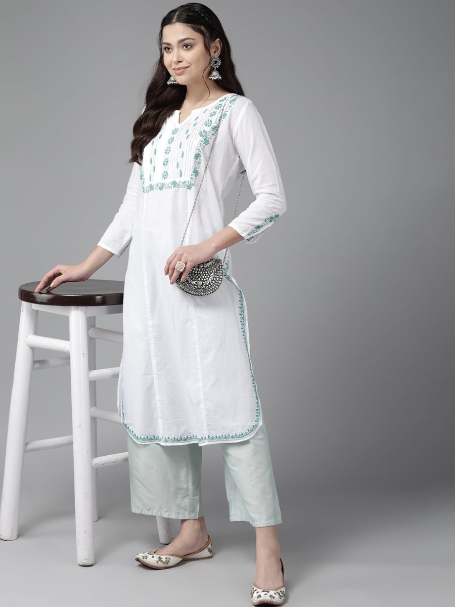 ADA Ethnic Motifs Embroidered Chikankari Floral Kurta | Swadesiicart
