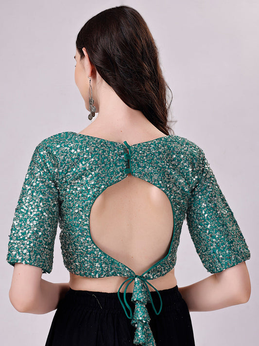 Tikhi Imli Teal Blue Embellished Sequinned Detailed Saree Blouse | Swadesiicart