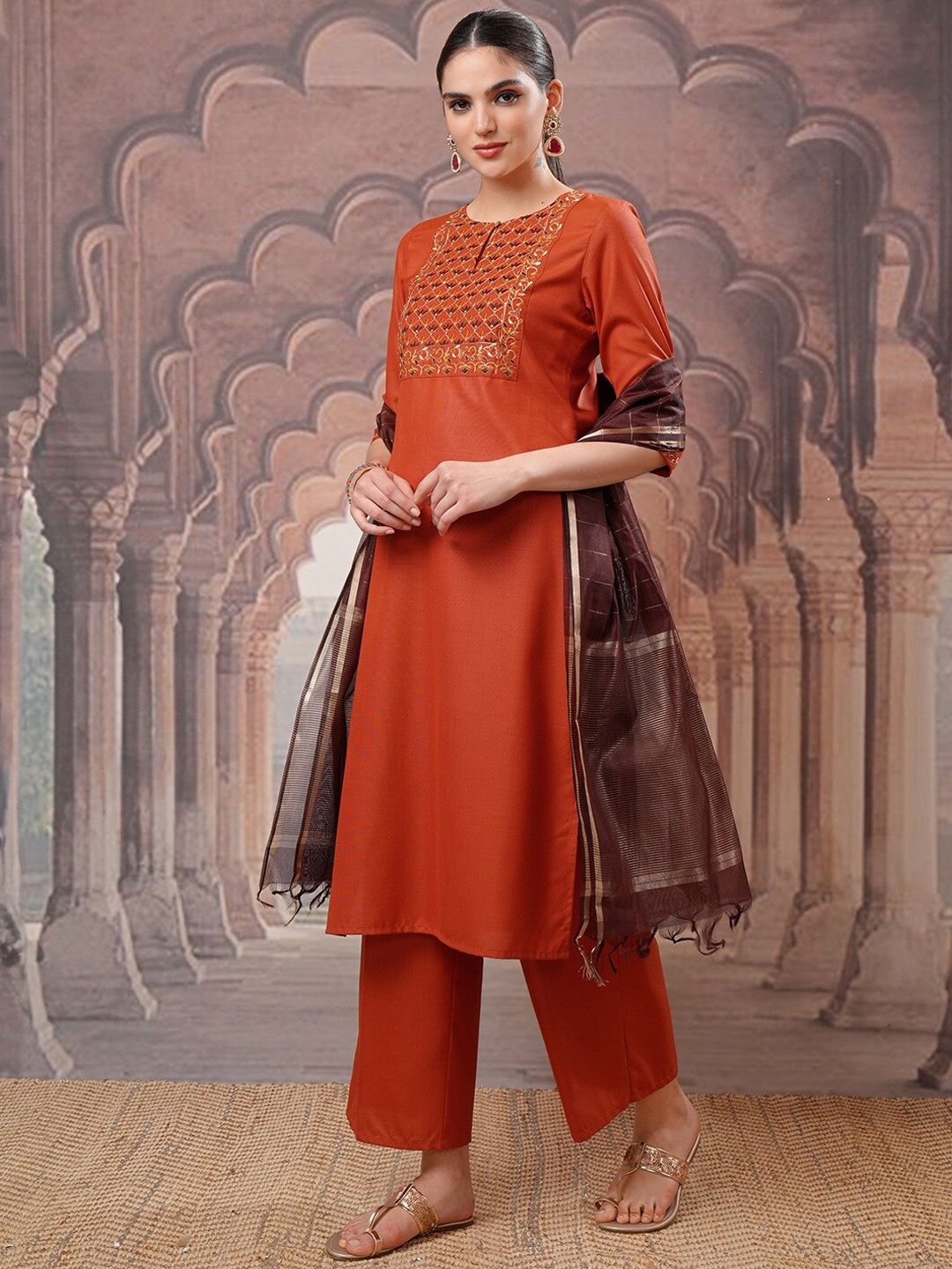 Vishudh Embroidered Regular Thread Work Kurta with Palazzo & Dupatta - Swadesiicart