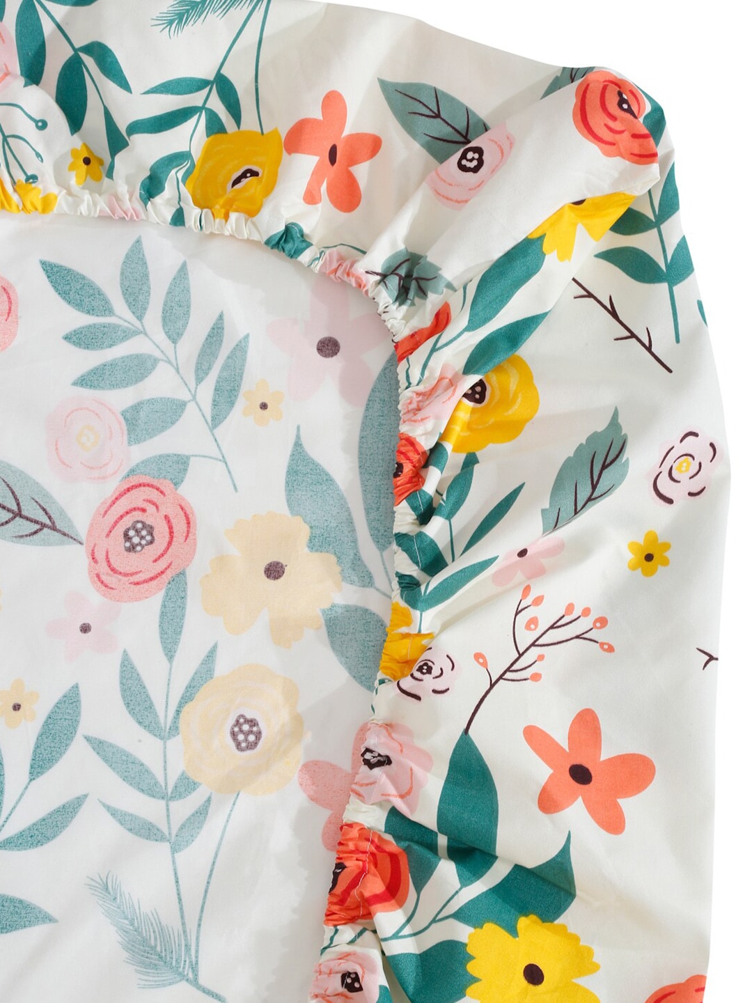 KLOTTHE White & Grey Floral Print 300 TC Fitted Double King Bedsheet With 2 Pillow Covers - Swadesiicart