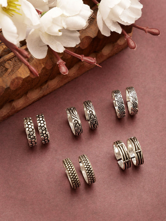 NVR Women's Set of 5 Silver-Plated German Silver Toe Ring | Swadesiicart