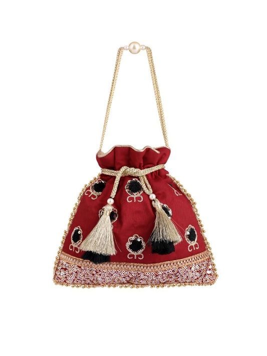 Masq Red & Black Embellished Embroidered Potli Clutch