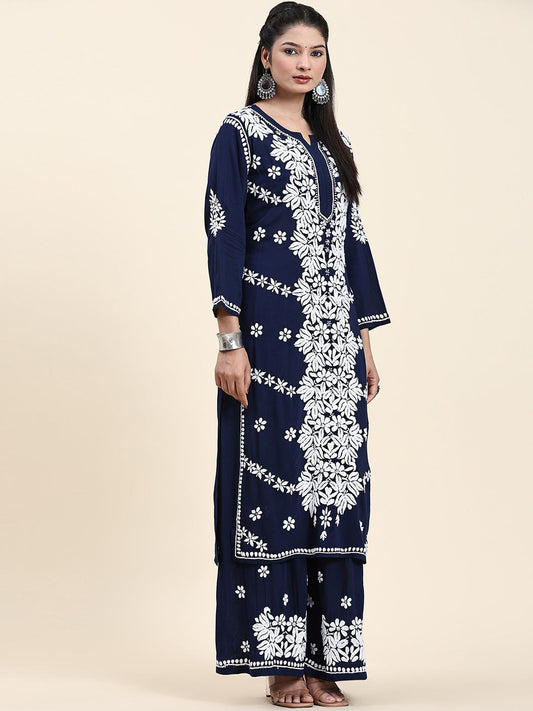 HOUSE OF KARI Ethnic Motifs Embroidered Chikankari Cotton Kurta & Palazzos | Swadesiicart