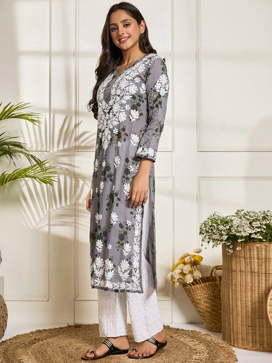 HOUSE OF KARI Floral Embroidered Chikankari Cotton Straight Kurta | Swadesiicart