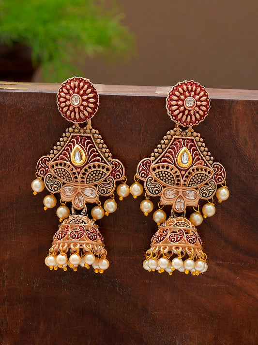 Shoshaa Maroon & Gold-Toned & Plated Contemporary Antique Jhumkas Earrings | Swadesiicart