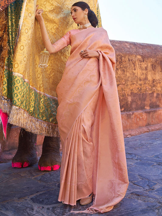 Mitera Peach-Coloured & Gold-Toned Ethnic Motifs Zari Silk Blend Banarasi Saree | Swadesiicart