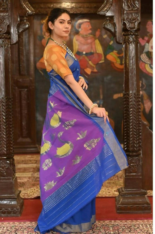 Very Much Indian Handloom Pure Cotton Paithani Swan Pallu-Marine Blue | Swadesiicart