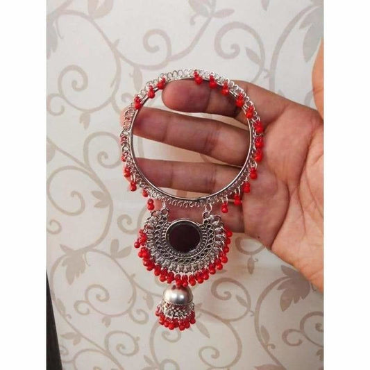 Red Pearls In Silver Color Bangles With Hanging Jhumkas