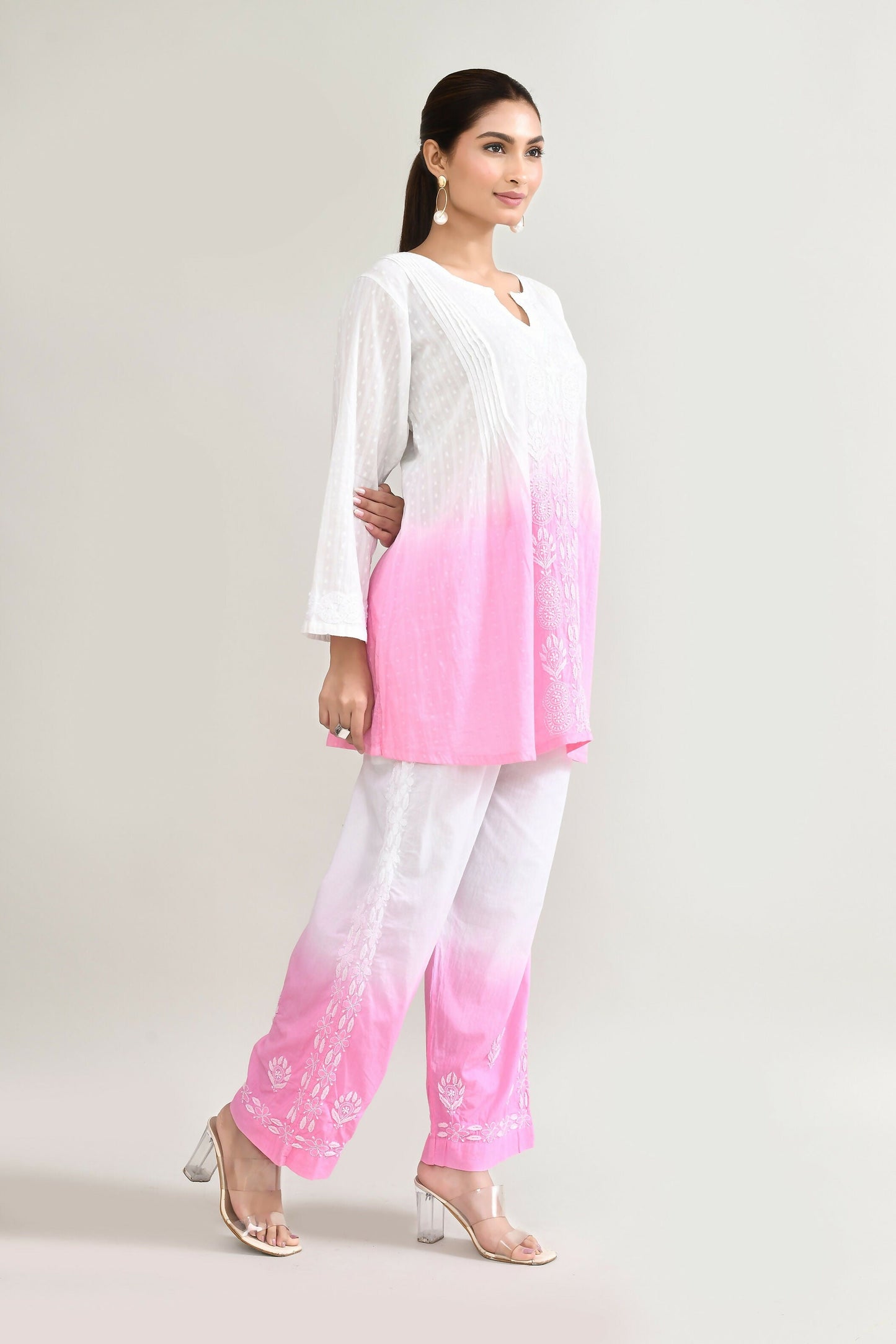 Joban Fashion Womens Cotton ChikanKari Pink & White Cord set - Swadesiicart