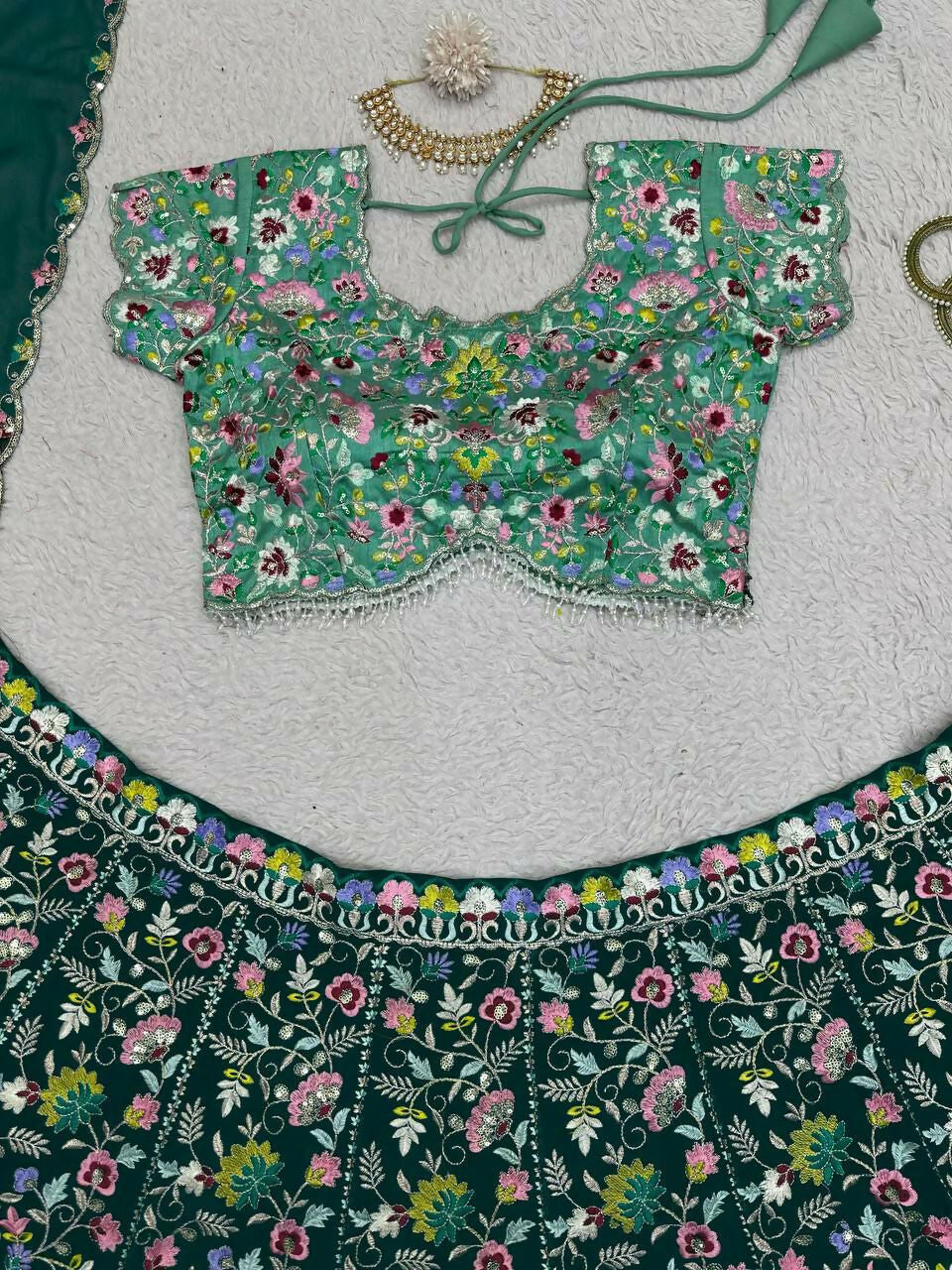 Jyoti Fashion Women's Bottle Green Faux Georgette Sequins with Thread Embroidered Designer Lehenga Choli Set | Swadesiicart