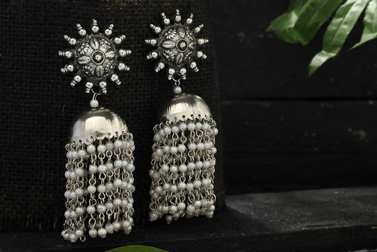 Mominos Fashion Johar Kamal Silver-Plated Earrings With Pearls Jhumkas - Swadesiicart