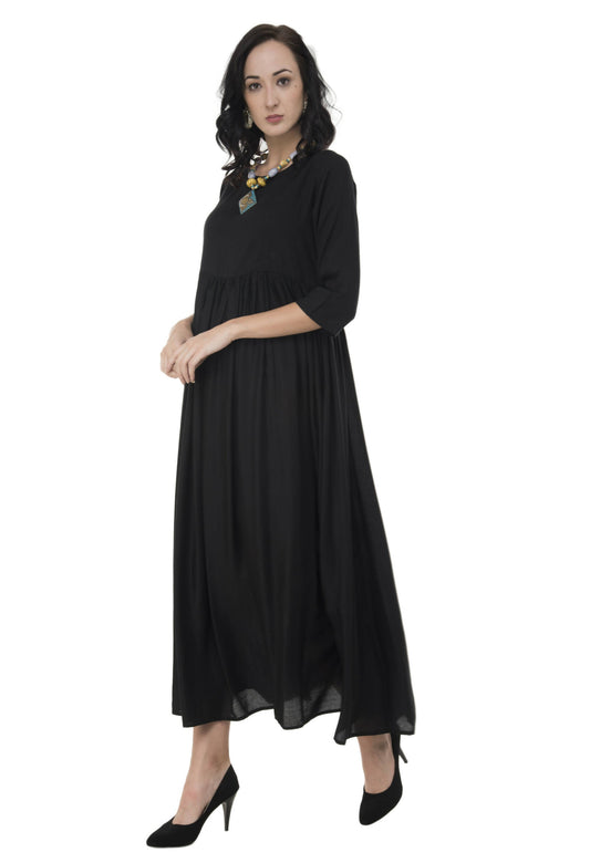 Women's Black Flared Kurti With Front Round Neck And Back Neck With Deep With Dori And Tassels - G & A Apparels | Swadesiicart