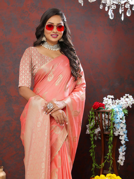 Lorenvalley Fashion Peach Cotton Woven Design with Zari Weaving Design Saree - Swadesiicart