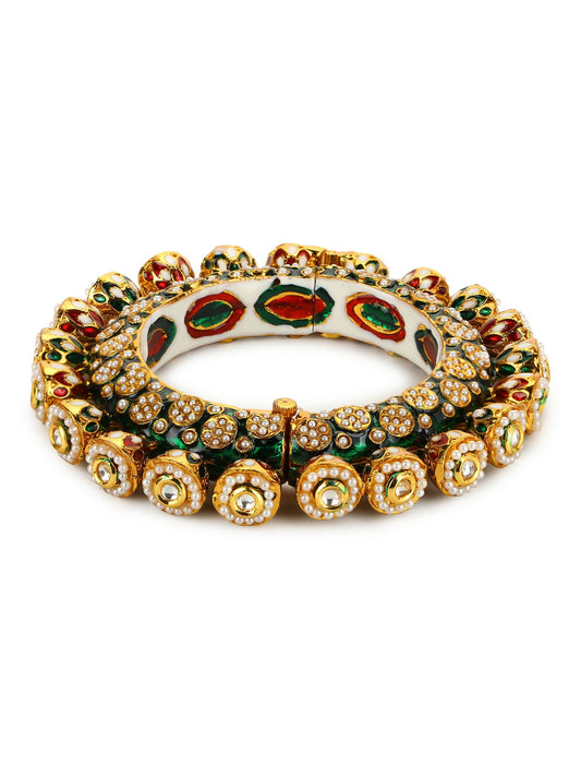 Gold-Polished Green Navratan Meenakari Bangle - Ruby Raang