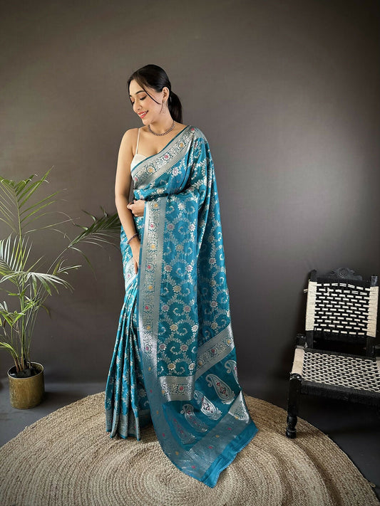 Joban Fashion Turquoise Meenakari Banarasi Silk Sarees | Swadesiicart