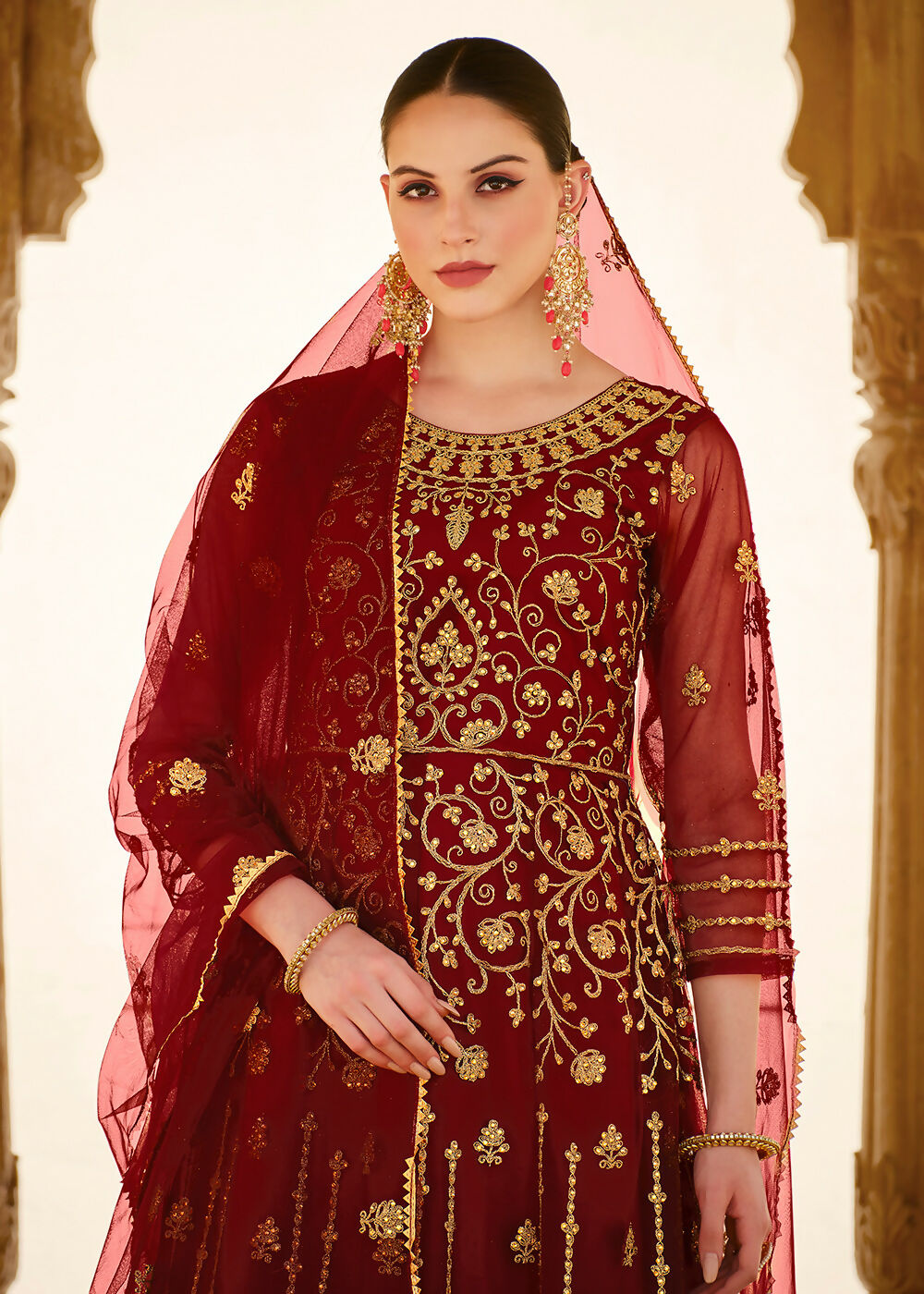 Heavy Stone Embroidered Maroon Designer Anarkali Suit - Emponline | Swadesiicart