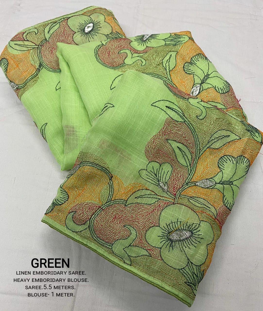 Green Pure Linen Ethnic Motifs Saree with Unstitched Blouse - Hiral Fashion | Swadesiicart