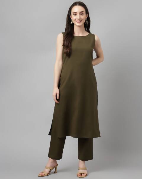FIORRA Women's Olive Rayon Silk Straight Kurta Set - Swadesiicart