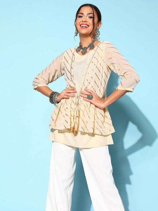 Ahalyaa Off-White Solid Fluid Tie-Up Top | Swadesiicart