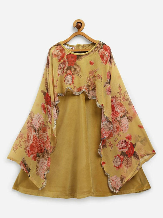 Ahalyaa Mustard Velvet Kids Dress With Attached Dupatta For Girls | Swadesiicart