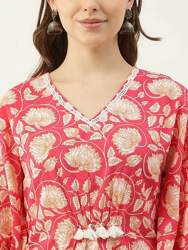 FIORRA Women's Printed Pure Cotton Kaftan Kurta - Red - Swadesiicart