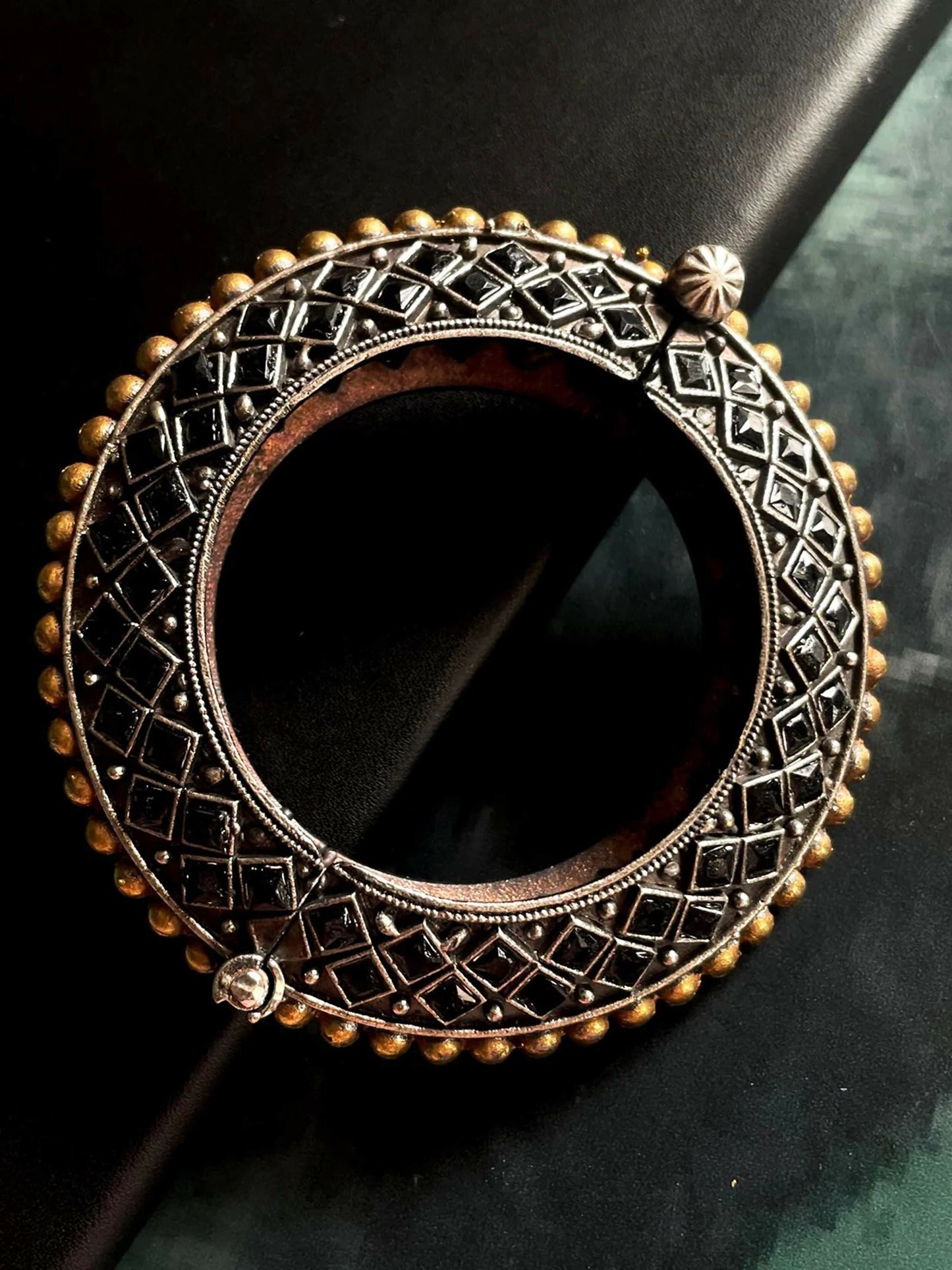 Joban Fashion Black Brass Monalisa Stone Oxidized Heavy Party Wear Openable Kada | Swadesiicart