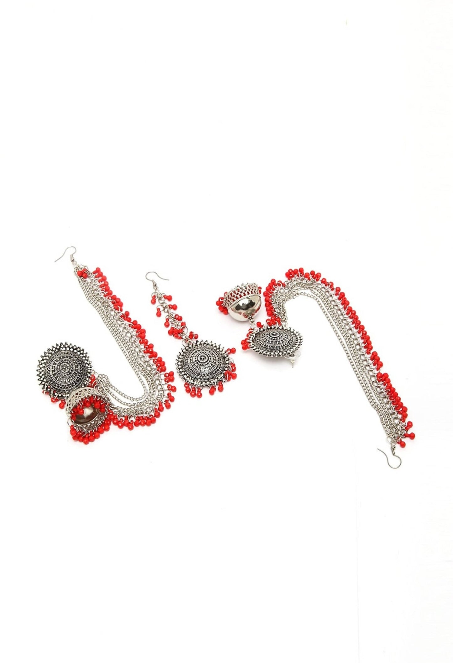 Mominos Fashion Johar Kamal Bahubali Red Beads Earrings With Tikka - Swadesiicart