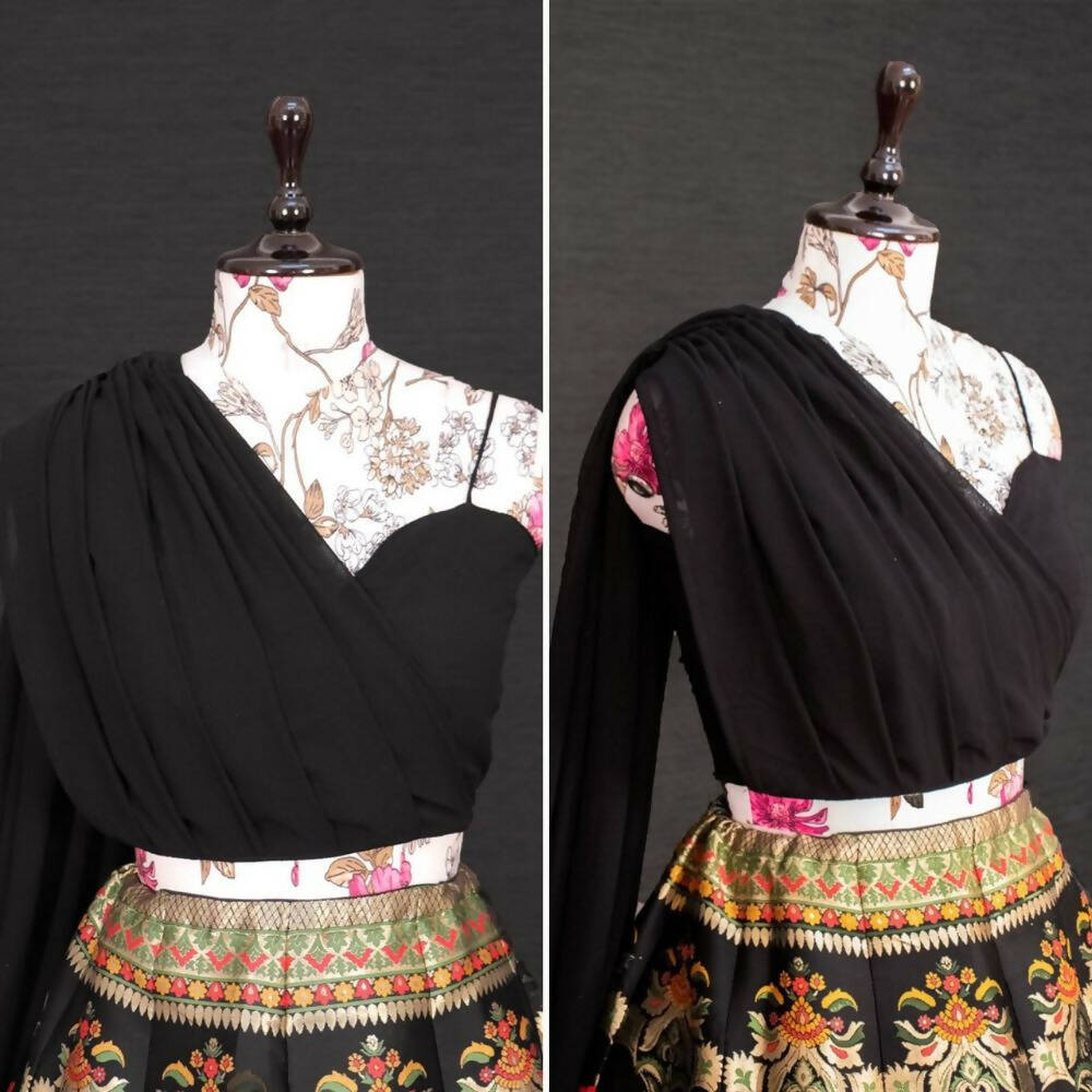 Black Banarasi Silk Lehenga Choli for Women, Ready to Wear Stitched Lengha Choli for Party by Infinity Export | Swadesiicart