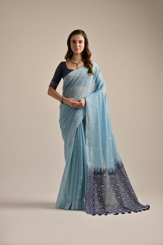 Vishnu Weaves Women's Firozi Muga Cotton Woven Saree with Blouse - Swadesiicart