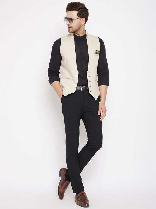 Even Apparels Cream Merino Men Woven Nehru Jacket | Swadesiicart